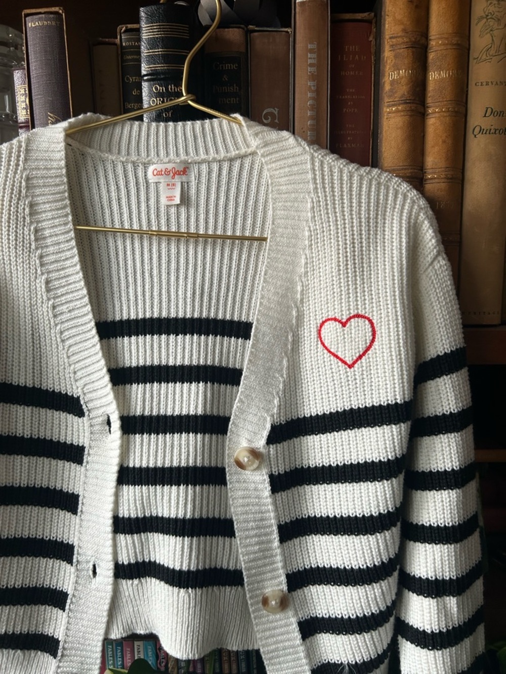 Cat & Jack White Striped Cardigan with Black Stripes and Red Heart Embroidery
